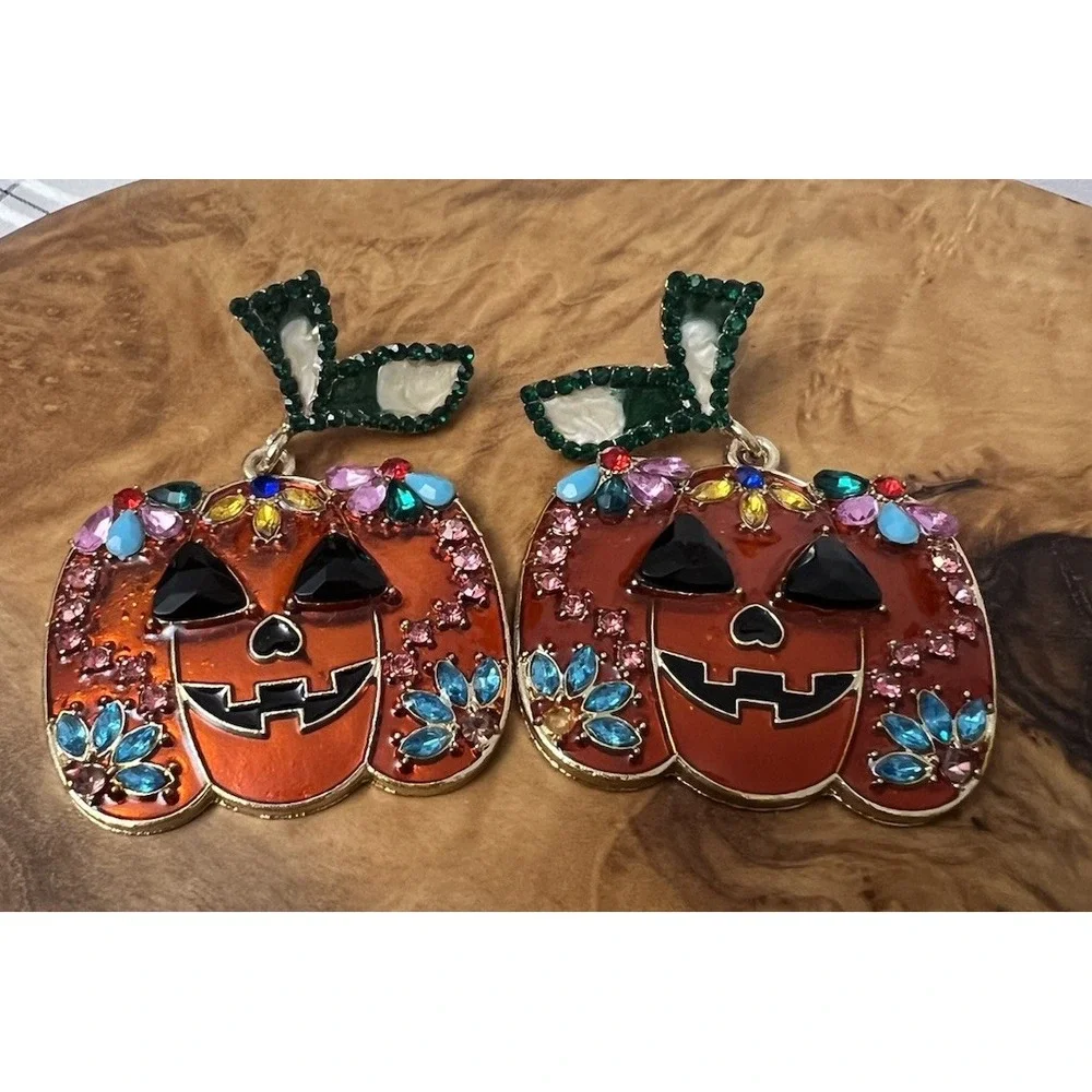 Halloween Rhinestone Pumpkin‎ Dangle Statement Earrings Jack O Lantern